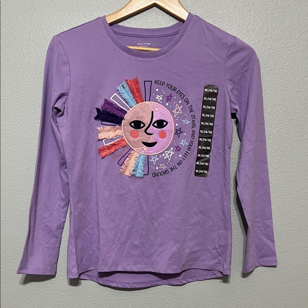 Members Mark Playful Purple Long Sleeve Girls Tee with Sun‎ Design Size XL 14/16